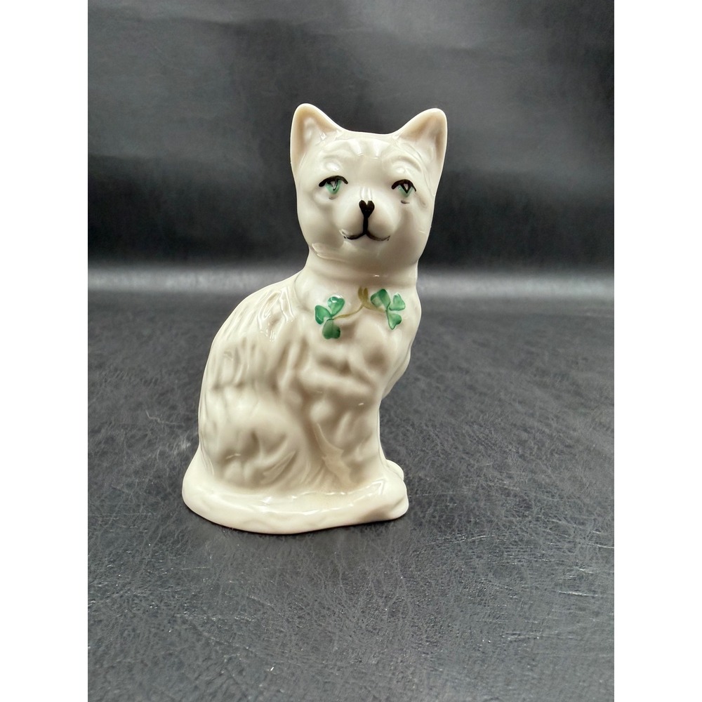 Vintage Belleek Irish China Cat Figurine Shamrocks 4 Inch